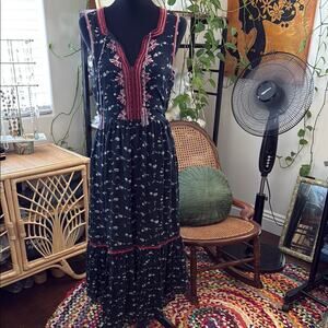 Ulla Johnson Leena Navy Floral Embroidered Boho Silk Midi Maxi Dress